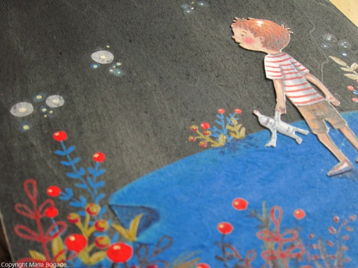 Close up of the original art with collage pieces. I love the wood texture!