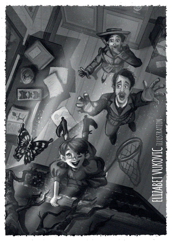 Greyscale postcard for middle grade novels promotion.